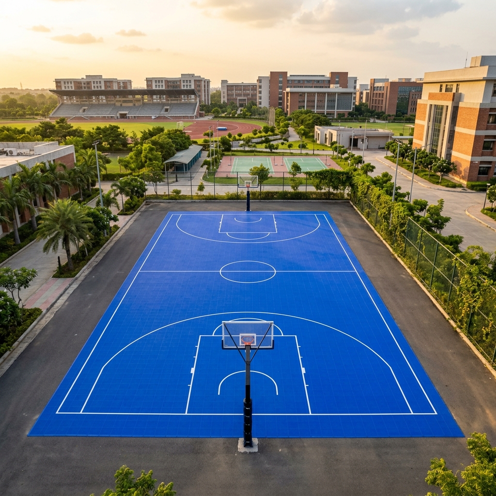 Outdoor blue PP interlocking tile basketball court at Indian campus with white markings