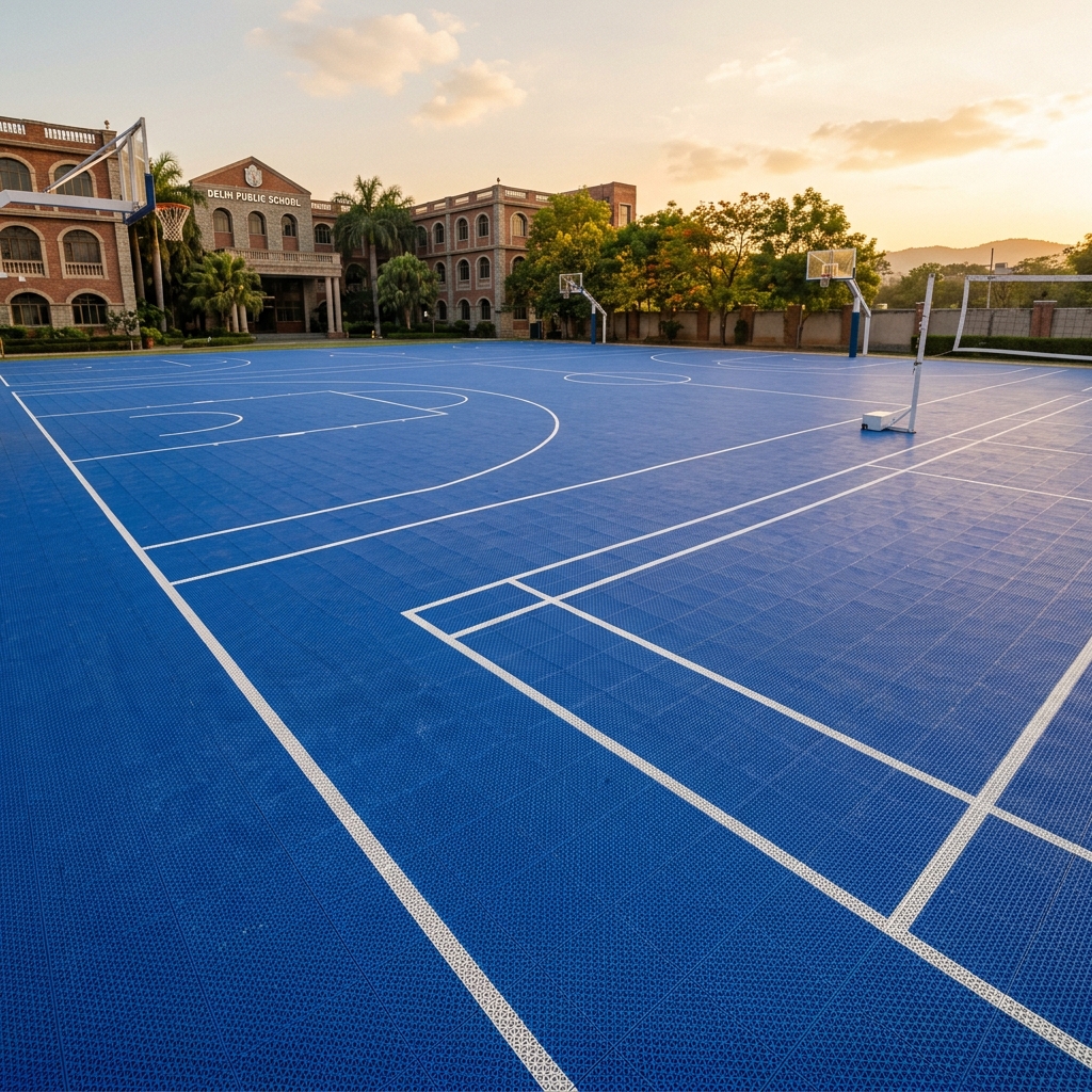 Blue PP interlocking modular sports tile multi-sport court at a school campus, showing basketball and badminton markings