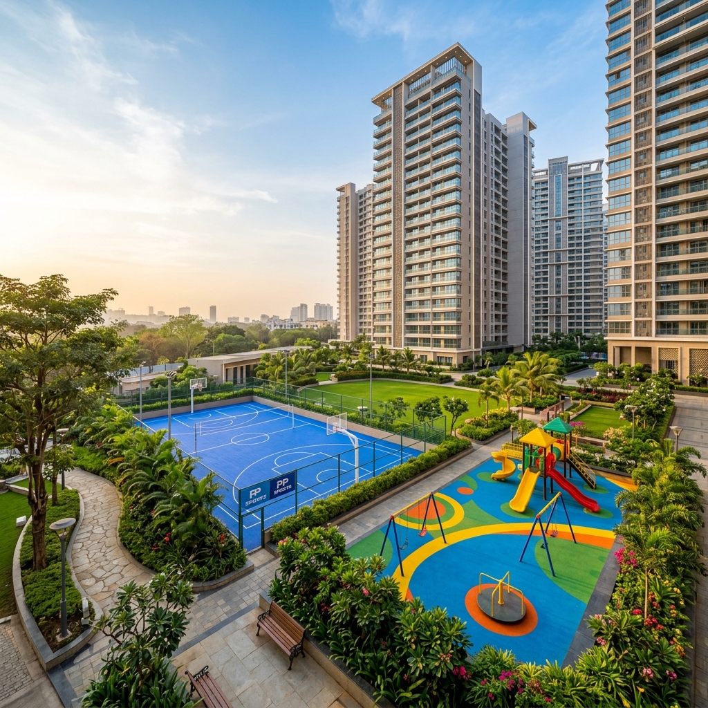 Premium residential society with blue PP tile multi-sport court and colourful EPDM children's play area surrounded by high-rises