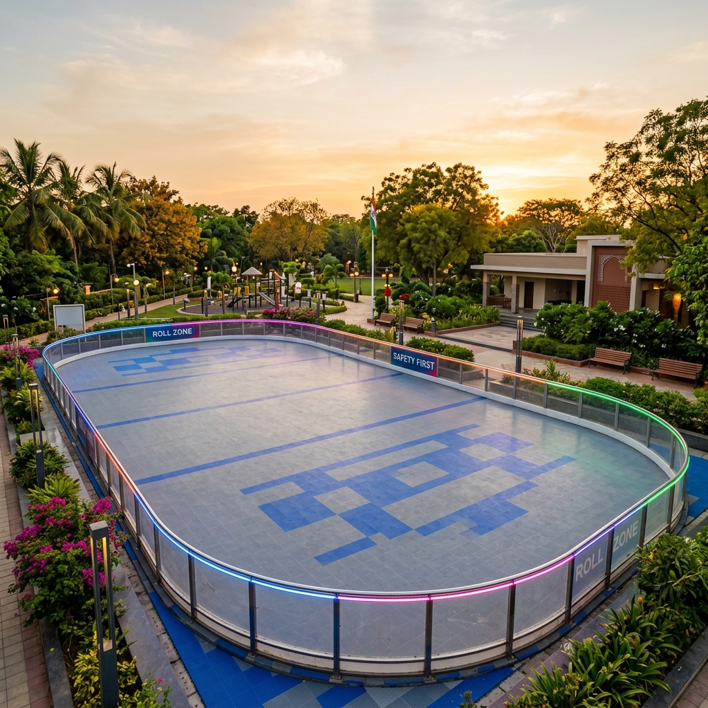 Outdoor roller skating rink with PP interlocking tiles and LED-lit safety barriers at Indian park