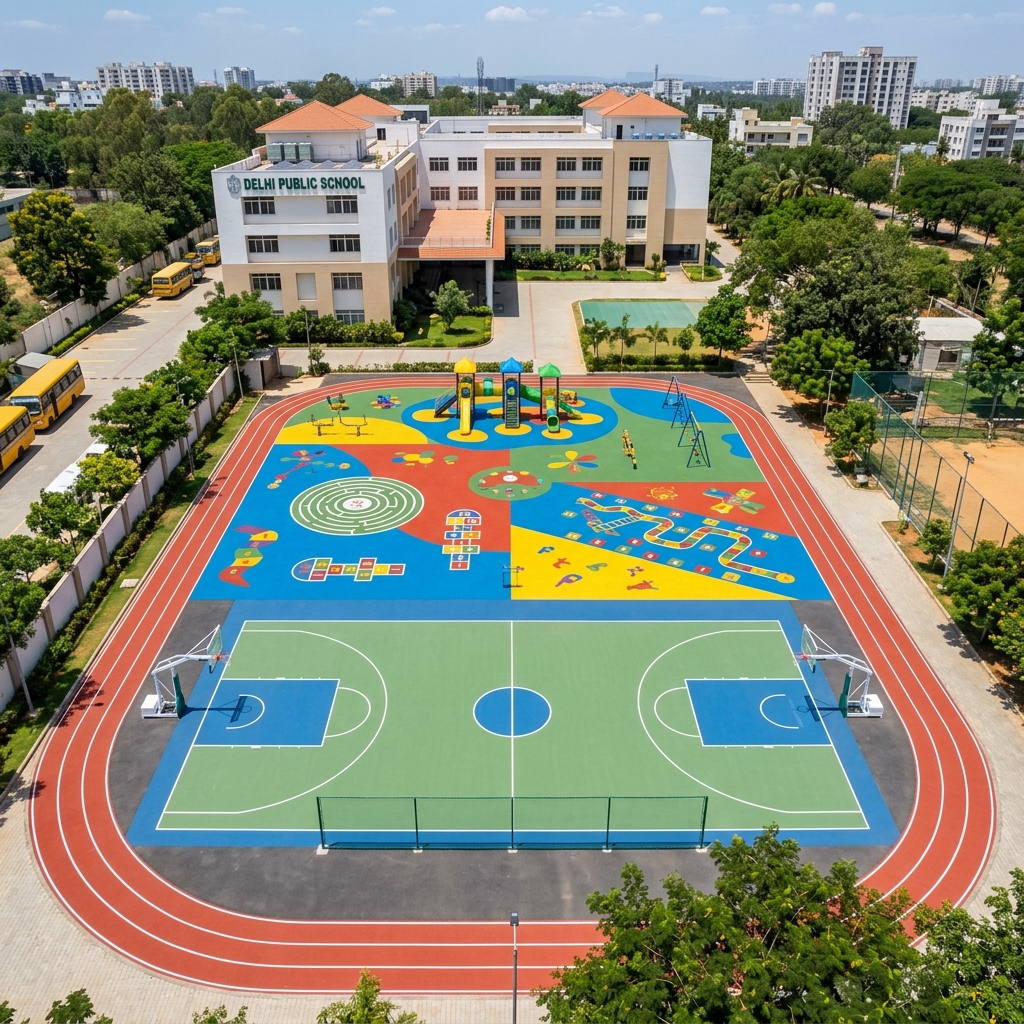 Aerial view of vibrant EPDM coloured school playground and multi-sport zone with running track and basketball court