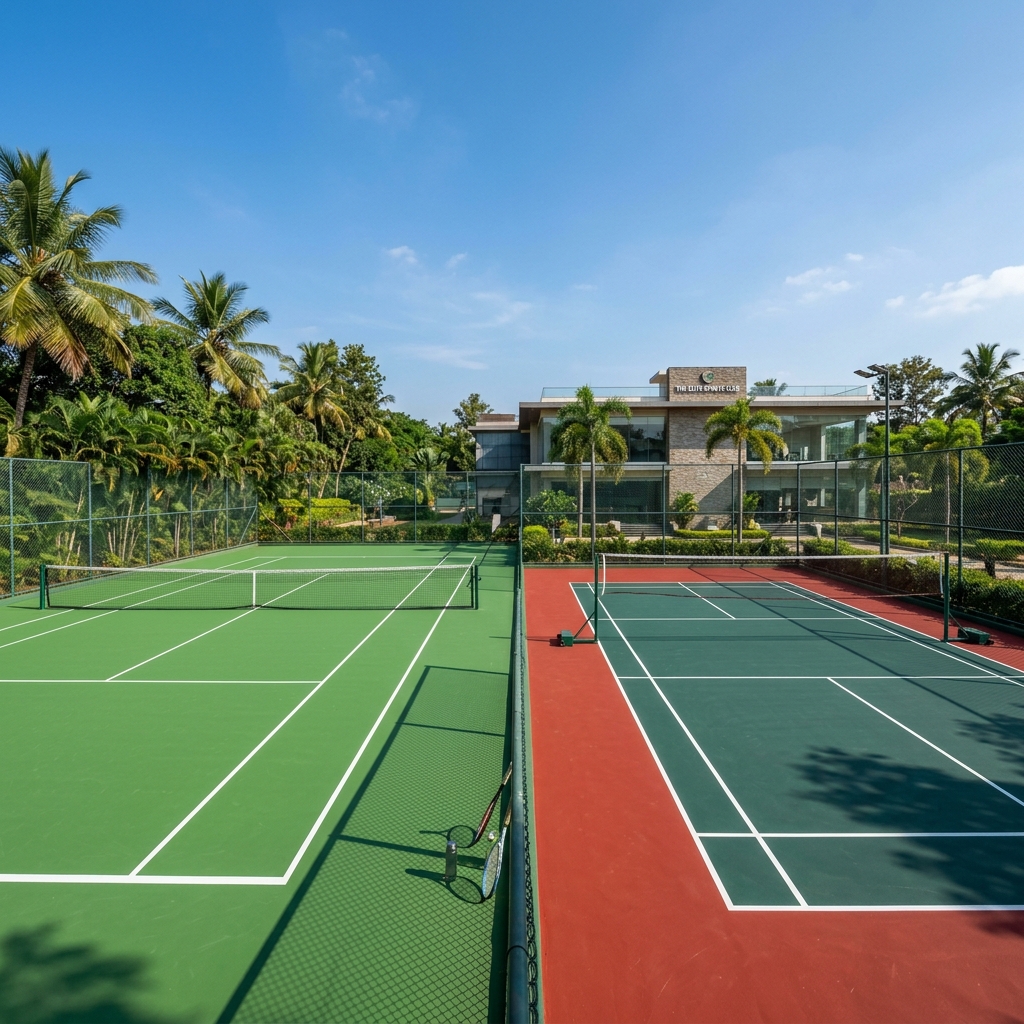 Outdoor acrylic tennis and badminton courts in green and red at Indian sports club