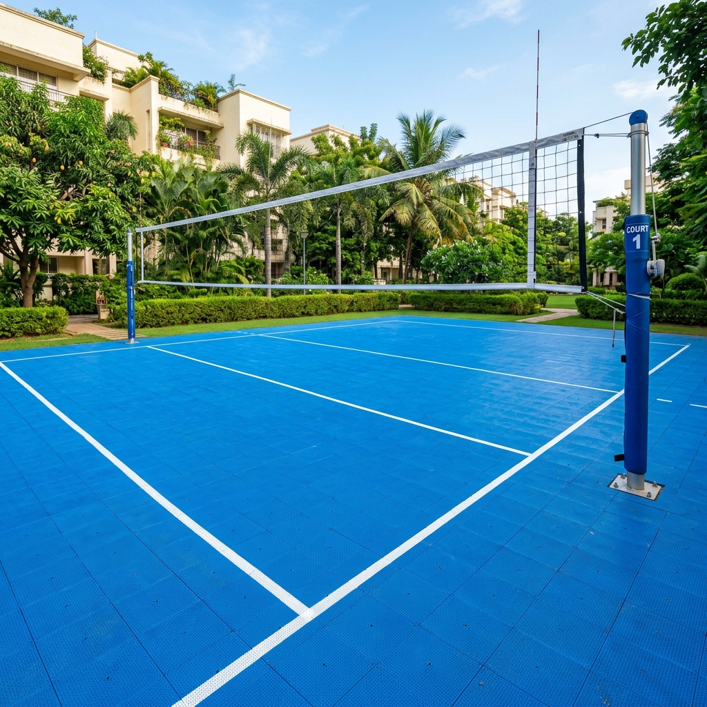 Outdoor blue PP tile volleyball court with net in Indian residential society