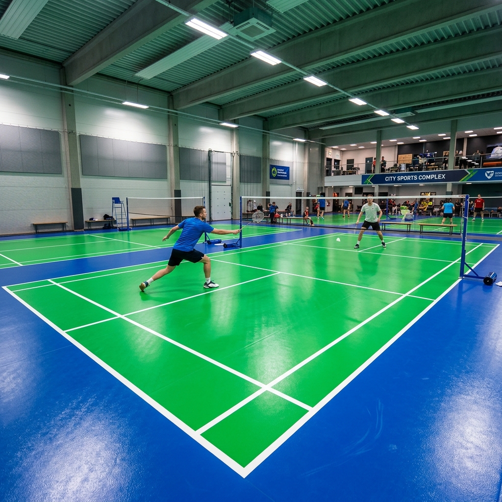 Indoor badminton court with PVC vinyl sports flooring, green and blue markings