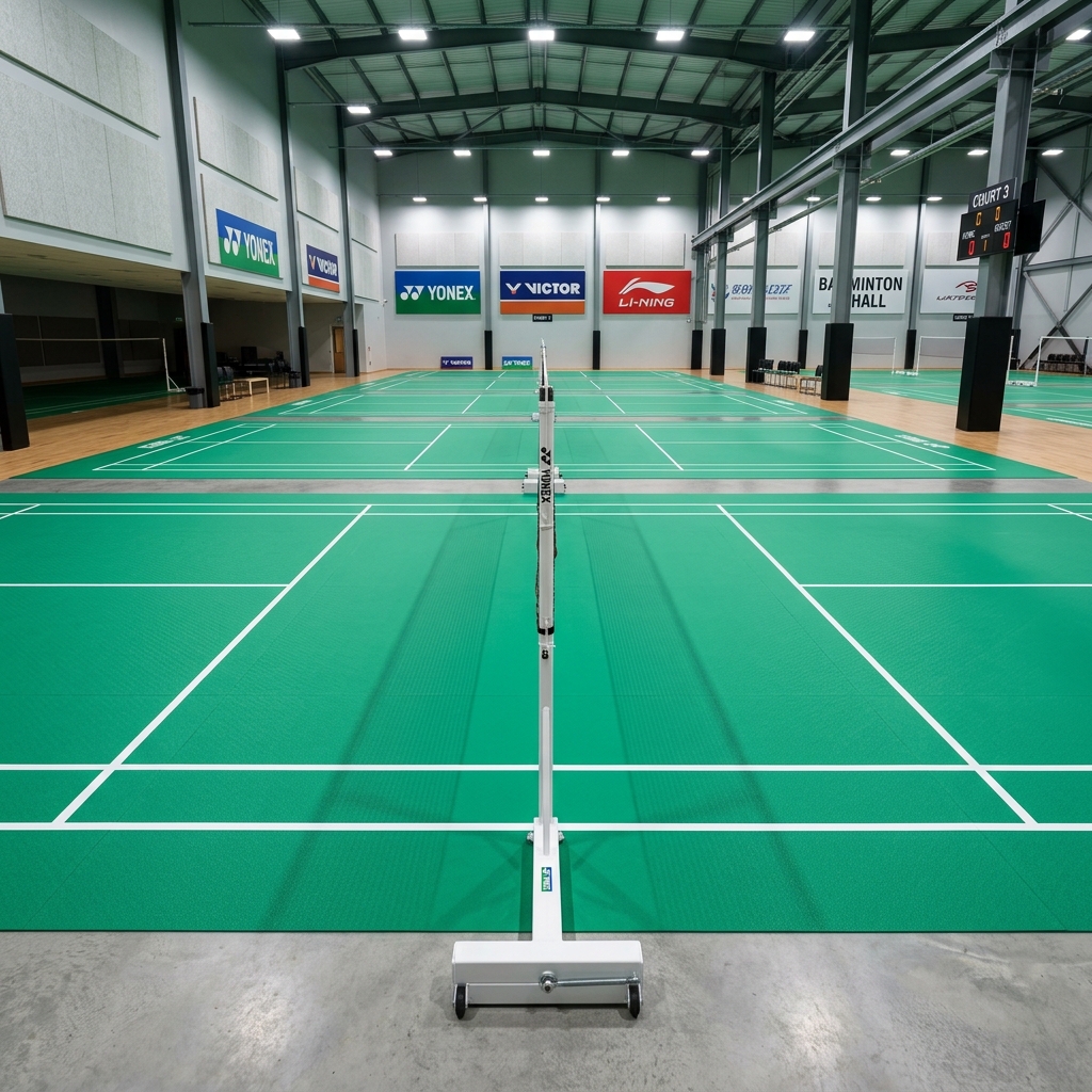 Professional indoor badminton court with green PVC vinyl sports flooring
