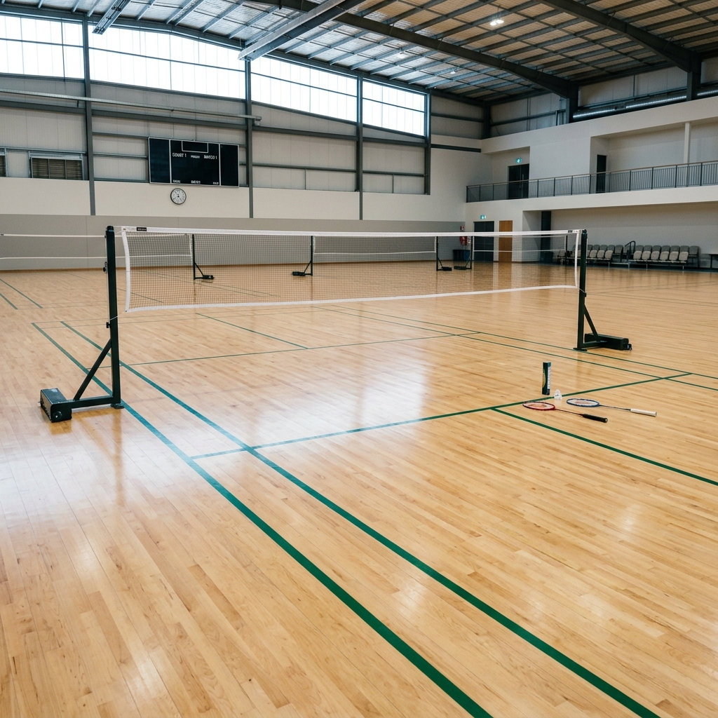 Professional indoor badminton court with premium maple wooden flooring