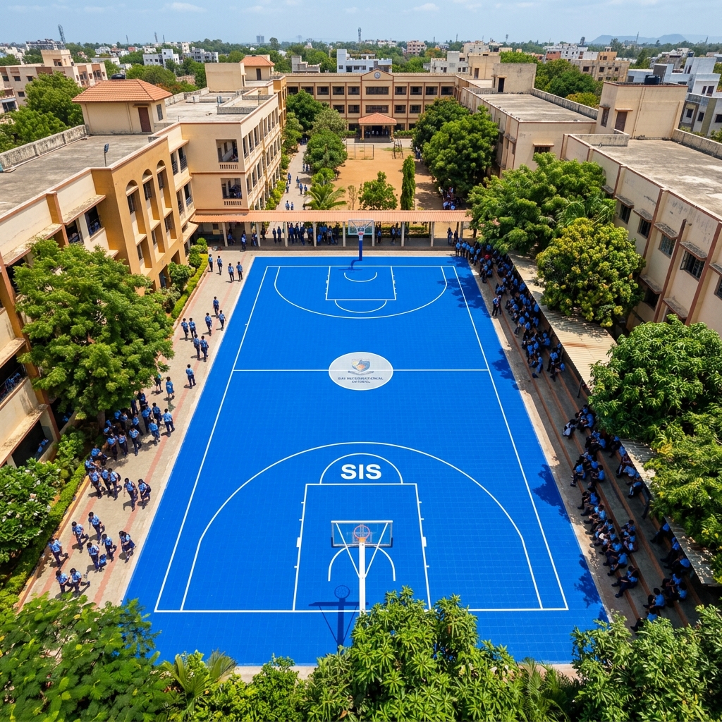 Professional outdoor basketball court with acrylic flooring