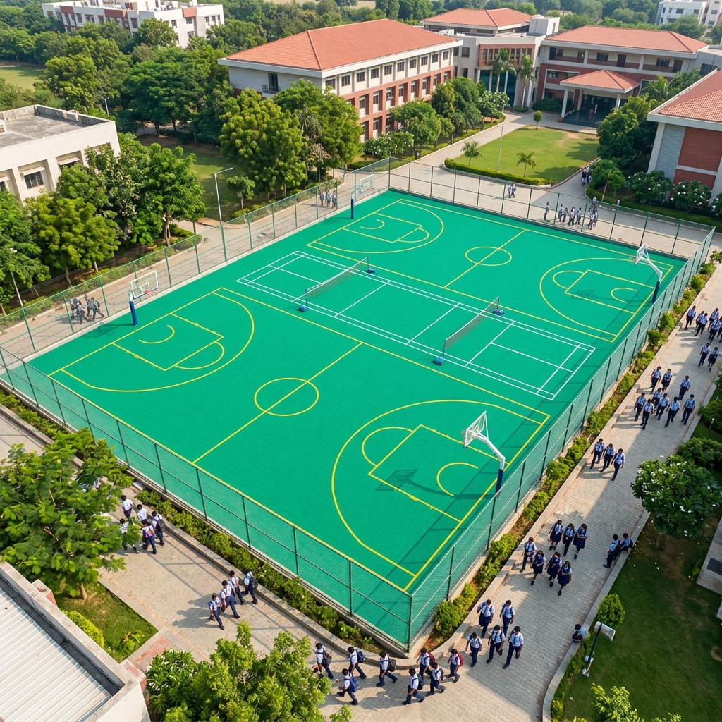 Outdoor sports flooring for schools in India showing basketball court and athletic infrastructure
