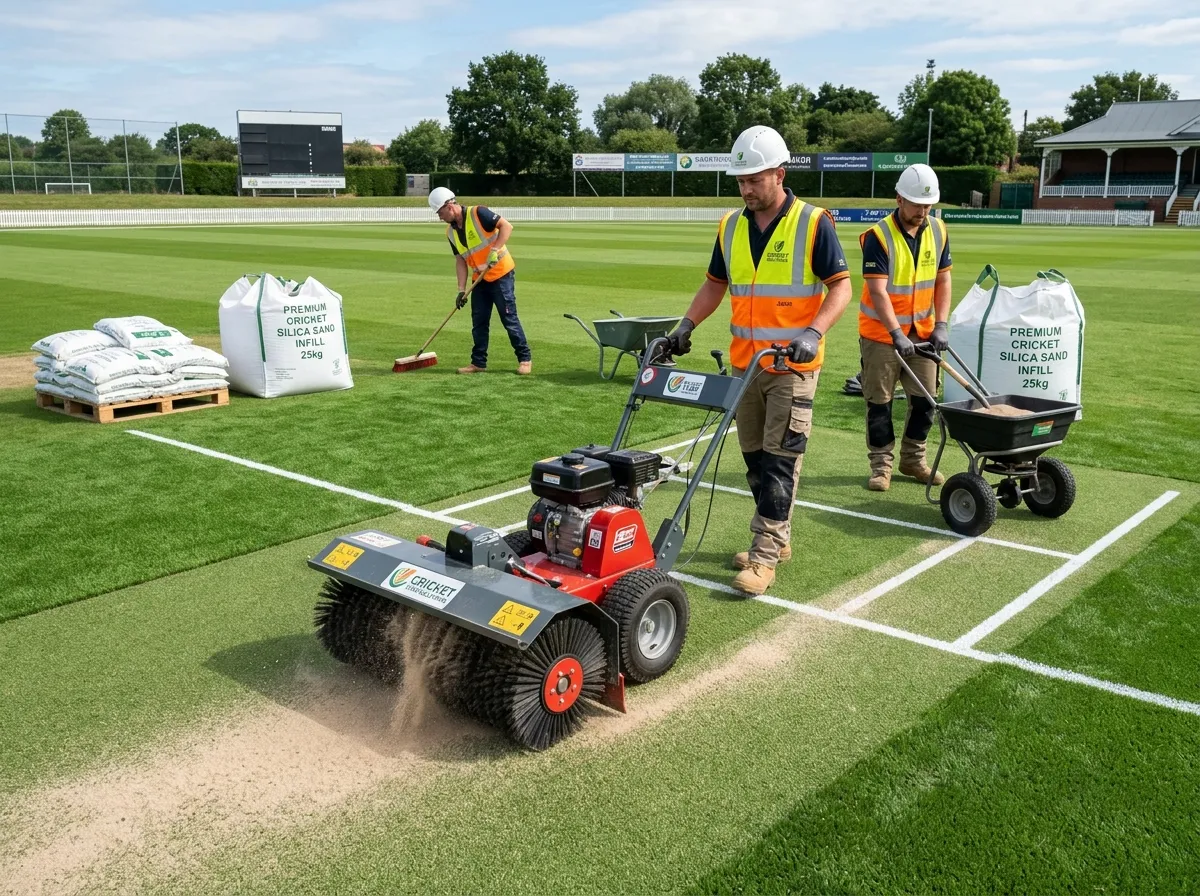 Installation crew laying artificial grass and brushing silica sand infill on a cricket pitch