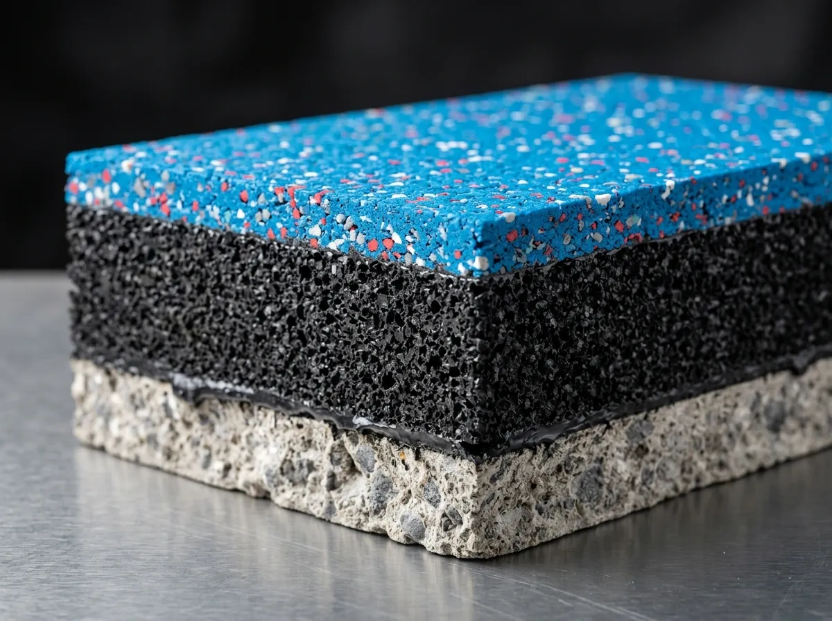Cross-section of EPDM sandwich system showing SBR base layer and EPDM top wear layer
