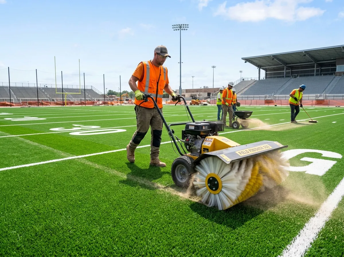 Installation crew brushing silica sand infill into artificial grass football turf