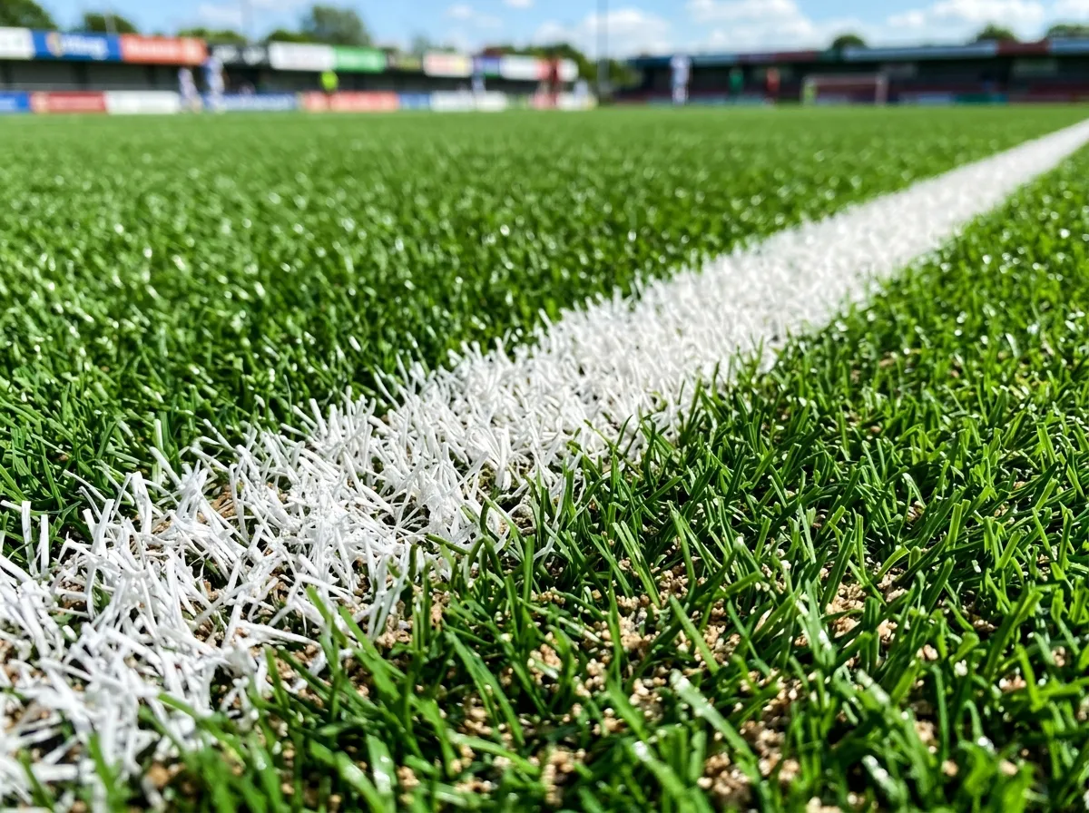 Close-up of a white painted line marking on sand-based artificial grass football turf