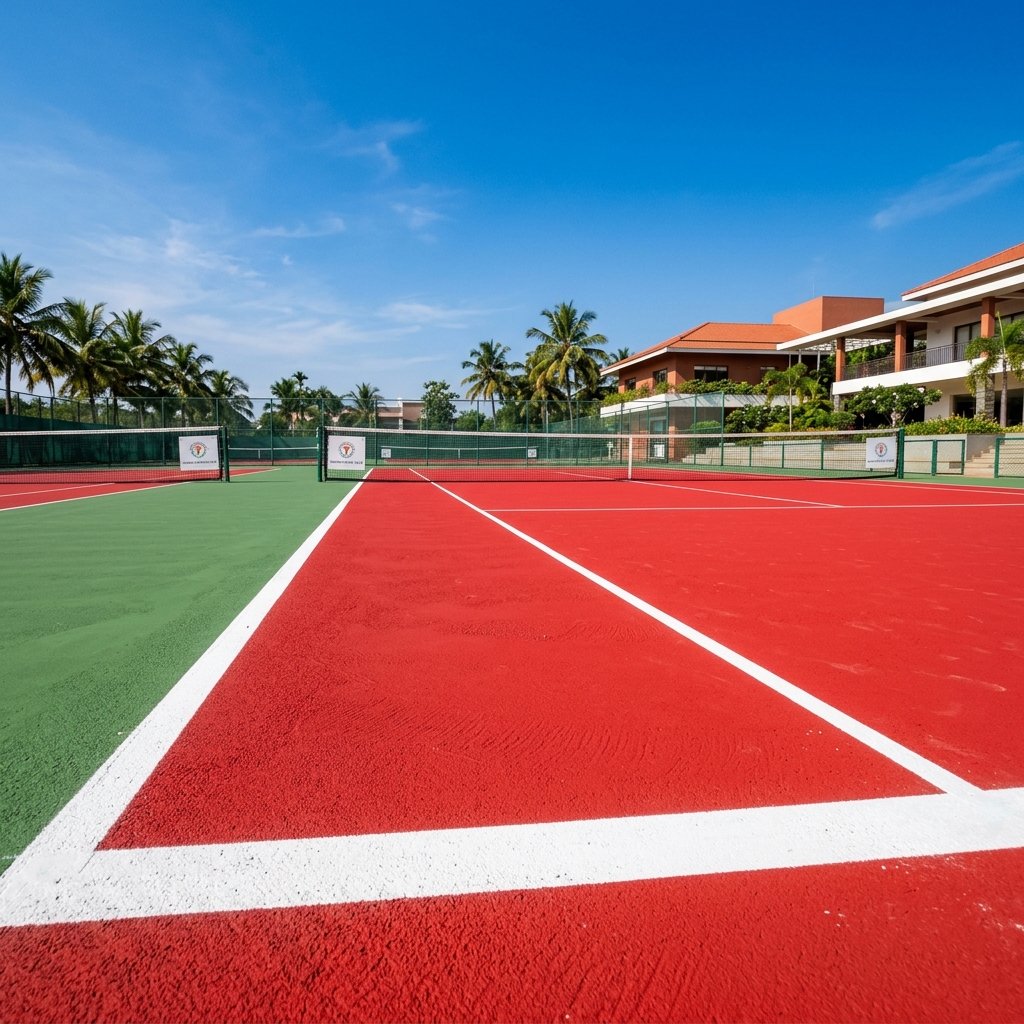 Red acrylic ITF-certified tennis court with white markings and net posts at an Indian sports club