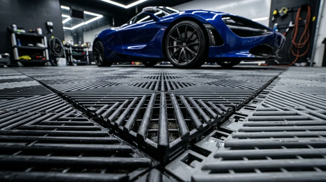 High-end modern car wash and detailing bay with premium interlocking polypropylene tiles