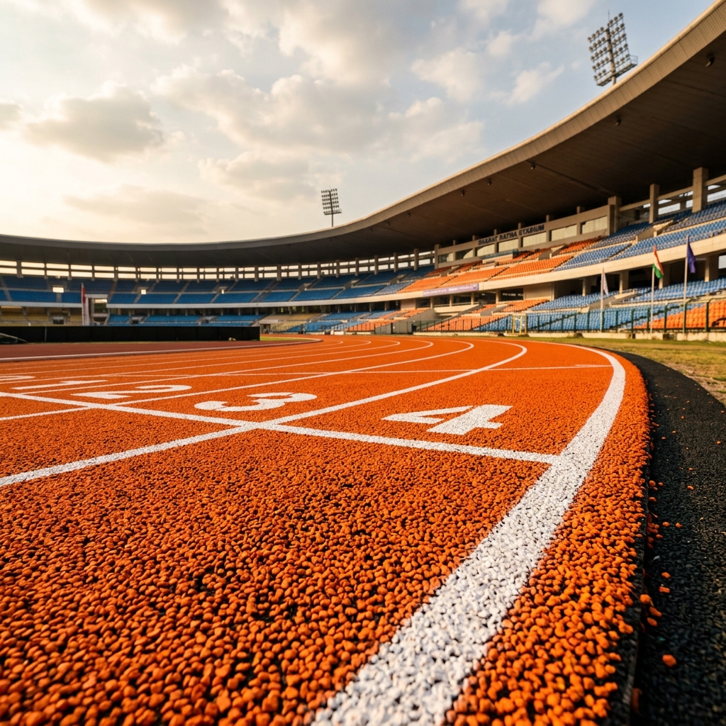 Orange EPDM rubberised athletic running track at Indian university stadium showing lane markings