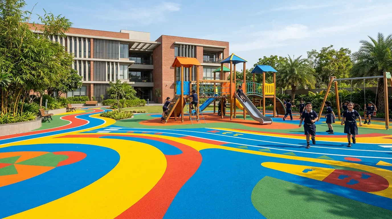 Seamless EPDM rubberised playground flooring installed at a school in India