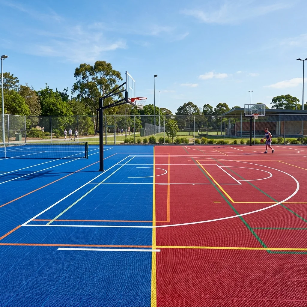 Multi-sport court with PP interlocking tiles and multi-colour line markings for basketball, badminton and pickleball