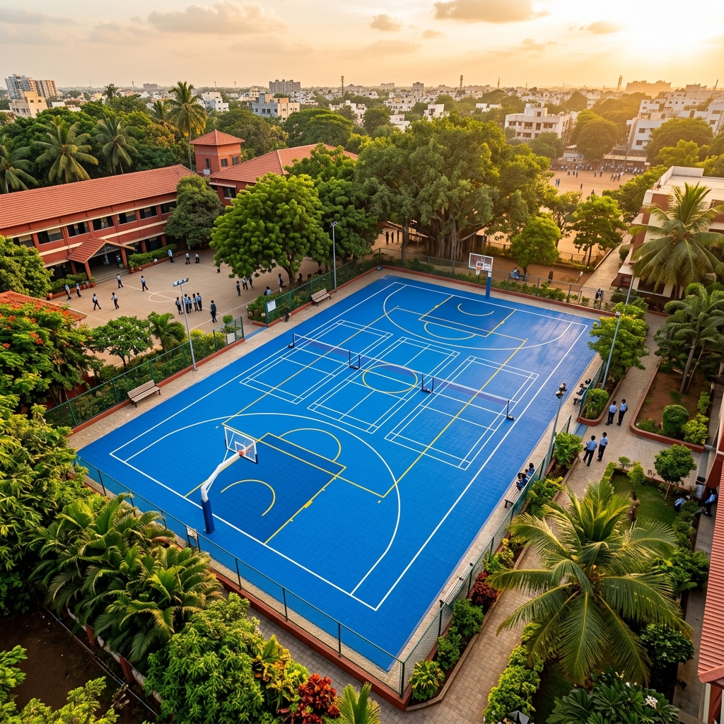 Blue PP interlocking modular sports tile multi-sport court at an Indian school campus