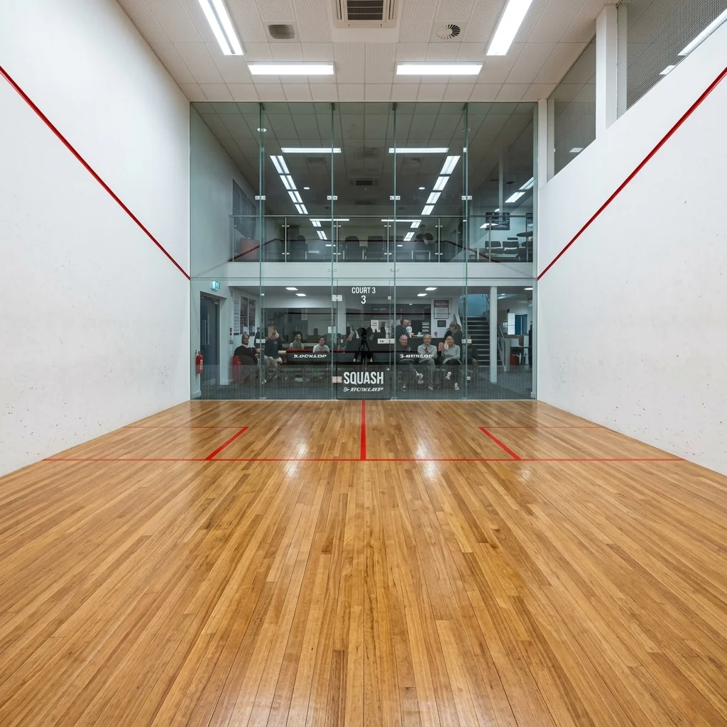 Professional squash court with precision-milled wooden sprung floor and EPDM shock pad substructure