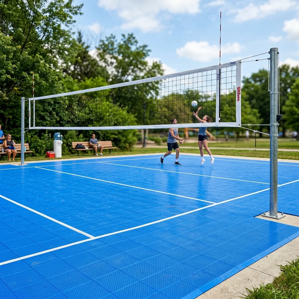 Outdoor volleyball court surface showing line marking and texture