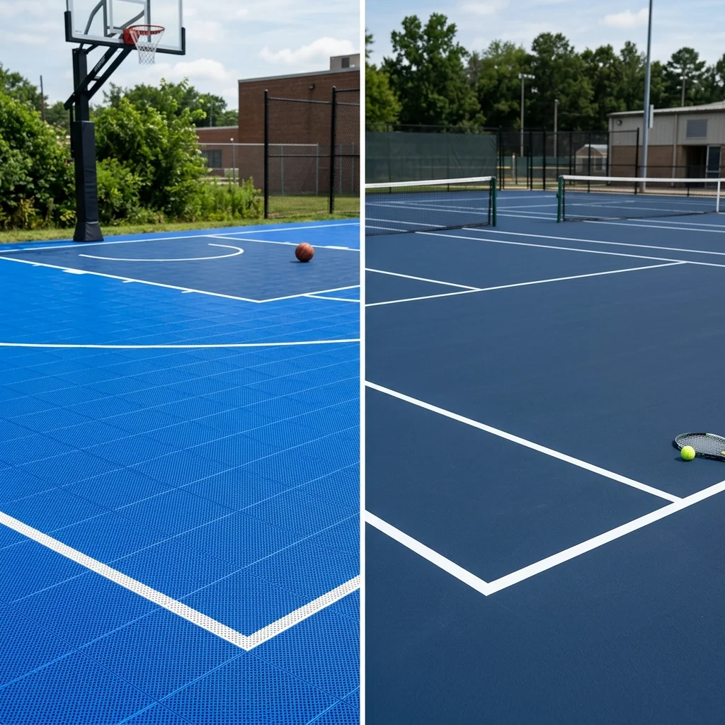 Comparison view of PP tile multi-sport court and acrylic coated hard court for institutional comparison