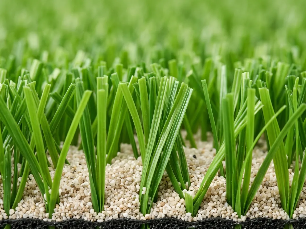 Close-up of synthetic grass fibres with silica sand infill showing upright pile
